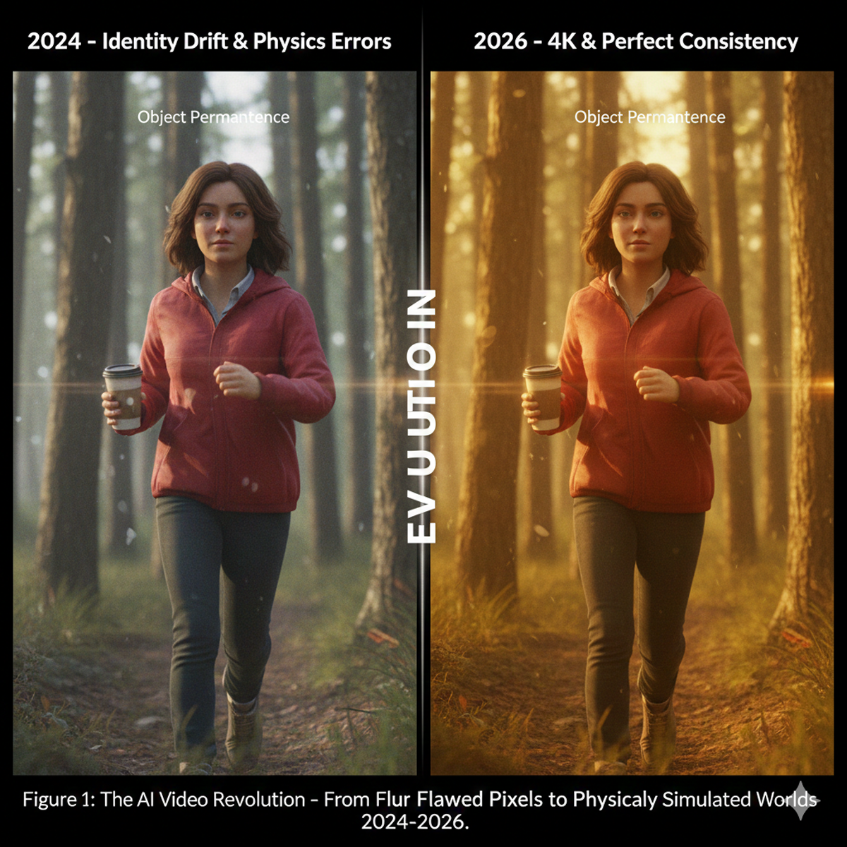 Figure 1: Evolution from 2024 physics errors and identity drift to 2026 high-fidelity 4K consistency