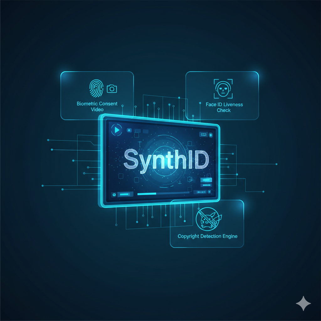 Figure 4: An infographic detailing AI video security protocols, showcasing the integration of SynthID watermarking with biometric consent, live face verification, and copyright detection layers.