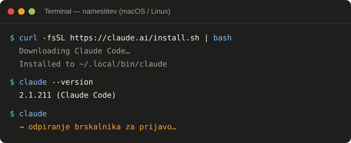 Primer namestitve v terminalu (macOS in Linux) ukaz, izpis in prijava.