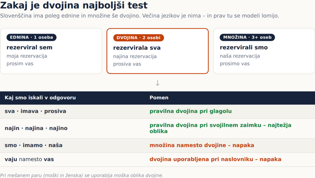 Slika 2: Ednina, dvojina in množina – in oblike, ki smo jih iskali v odgovorih.