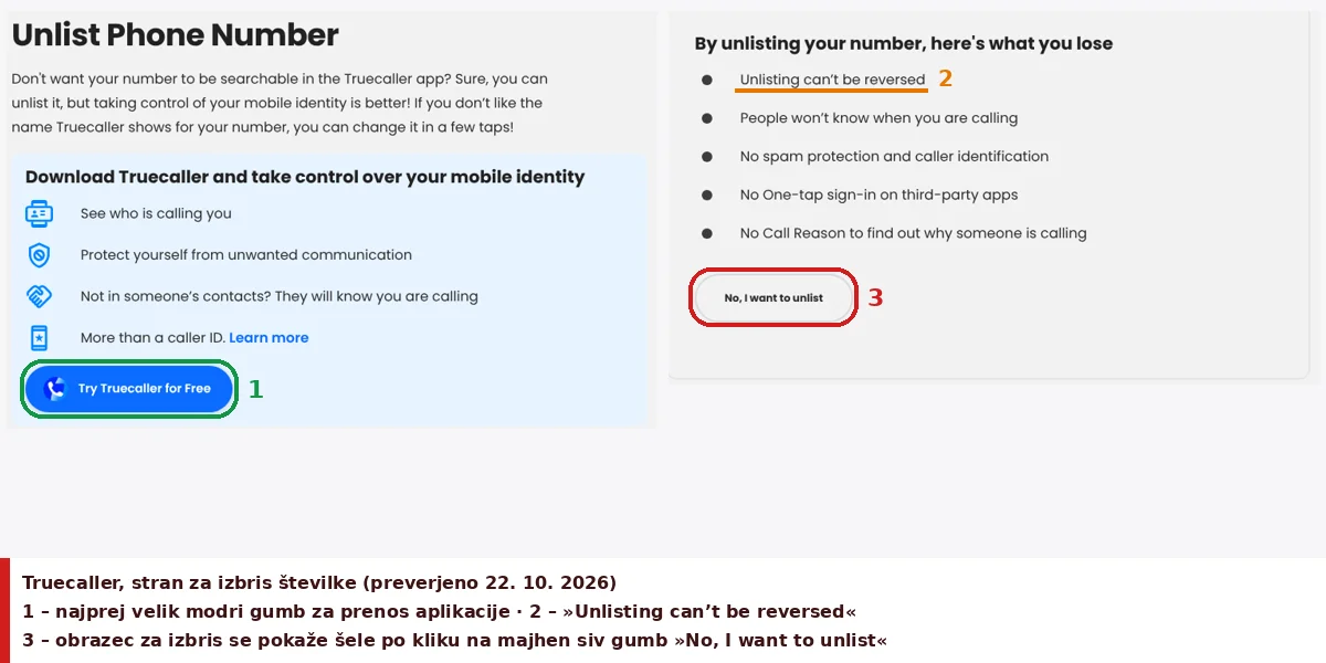 Truecaller: obrazec za izbris številke se odpre šele po kliku na majhen sivi gumb