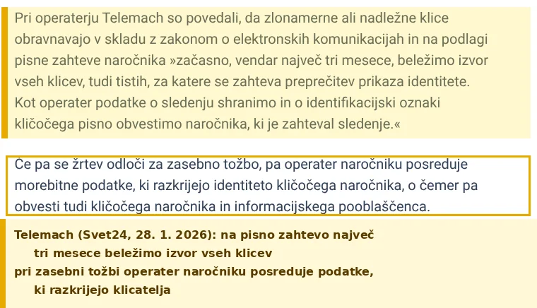 Telemach: na zahtevo naročnika največ tri mesece beležimo izvor vseh klicev