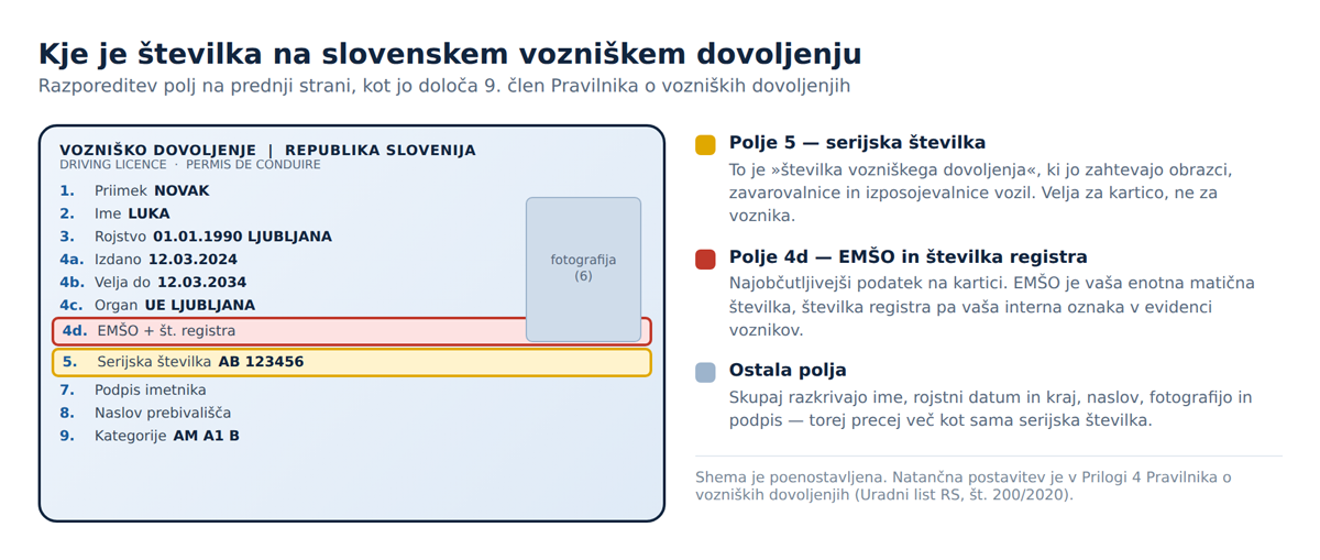 Shema prednje strani vozniškega dovoljenja z označenimi polji