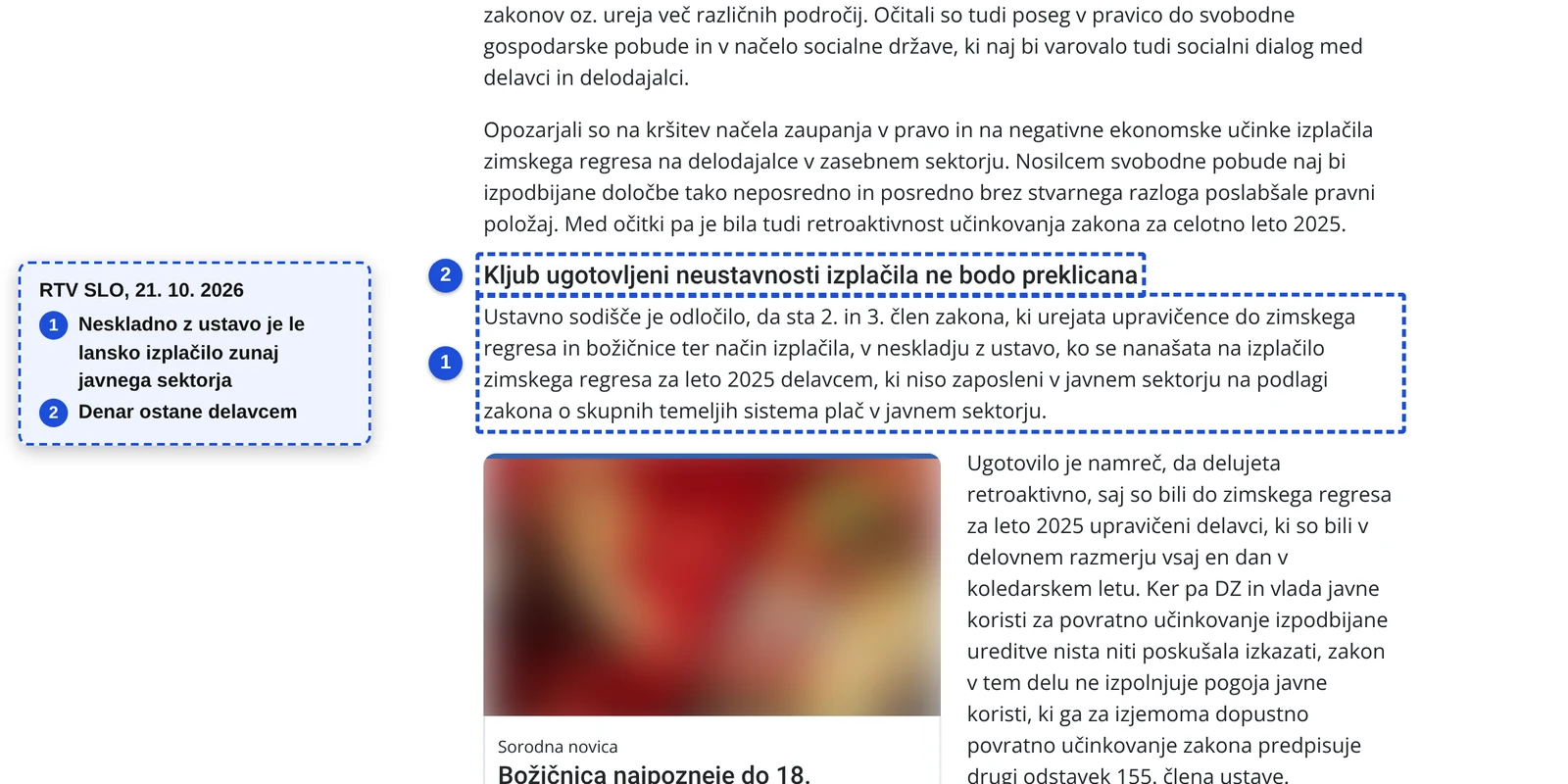 Odločba ustavnega sodišča o zimskem regresu za leto 2025, kot jo je povzel RTV SLO 21. 10. 2026