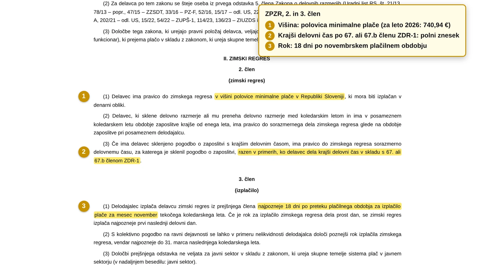 Zimski regres v višini polovice minimalne plače: 2. in 3. člen ZPZR v Uradnem listu RS