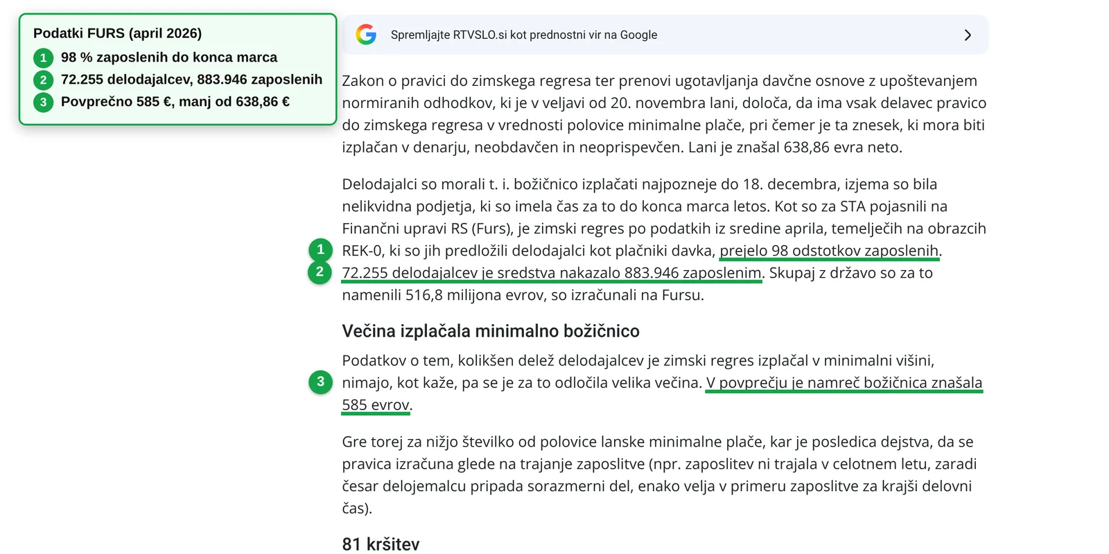 Podatki FURS o izplačilu zimskega regresa za leto 2025: 98 odstotkov zaposlenih, povprečno 585 evrov