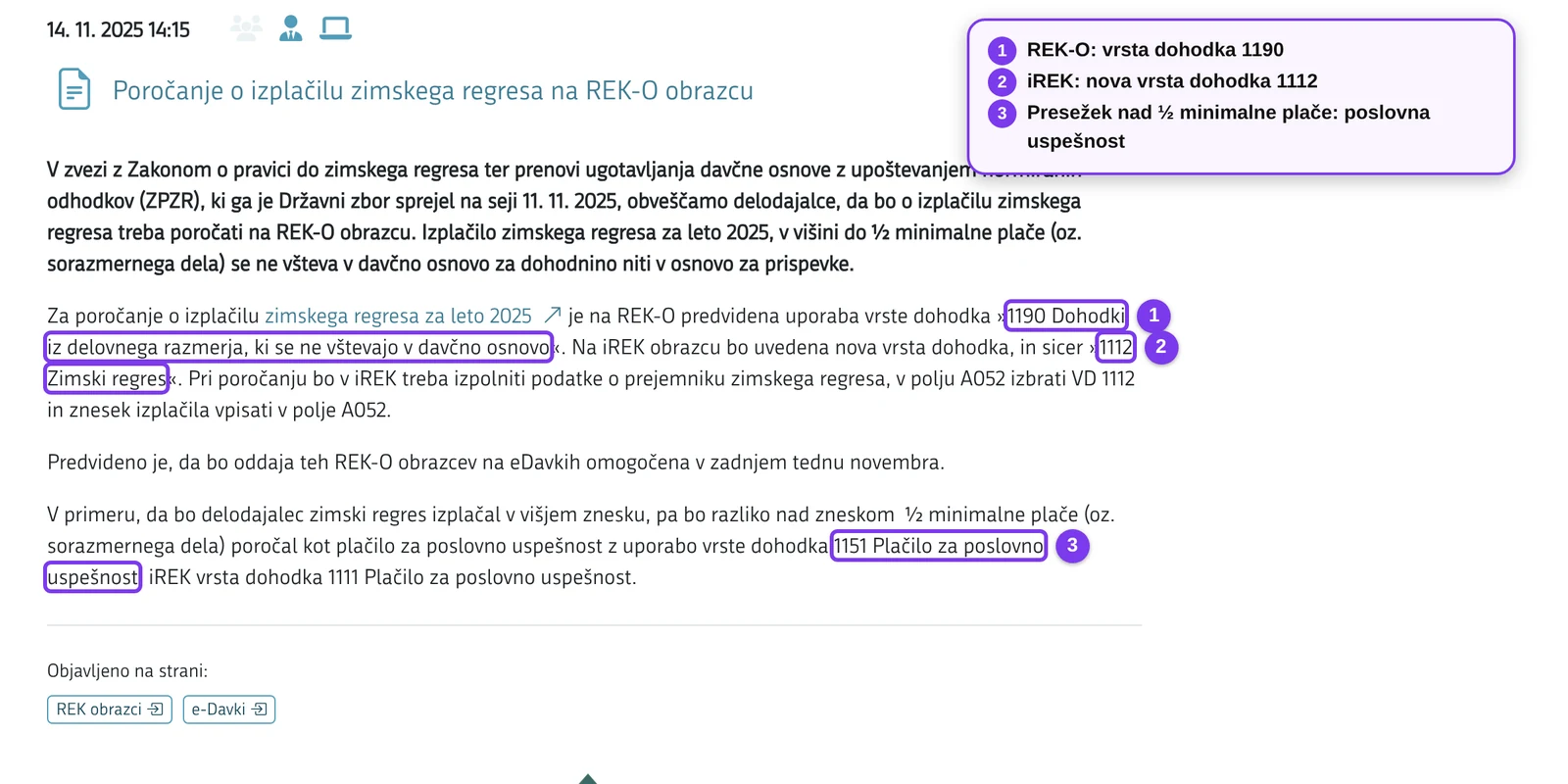 FURS: poročanje zimskega regresa na obrazcu REK-O z vrsto dohodka 1190 in na iREK z vrsto dohodka 1112