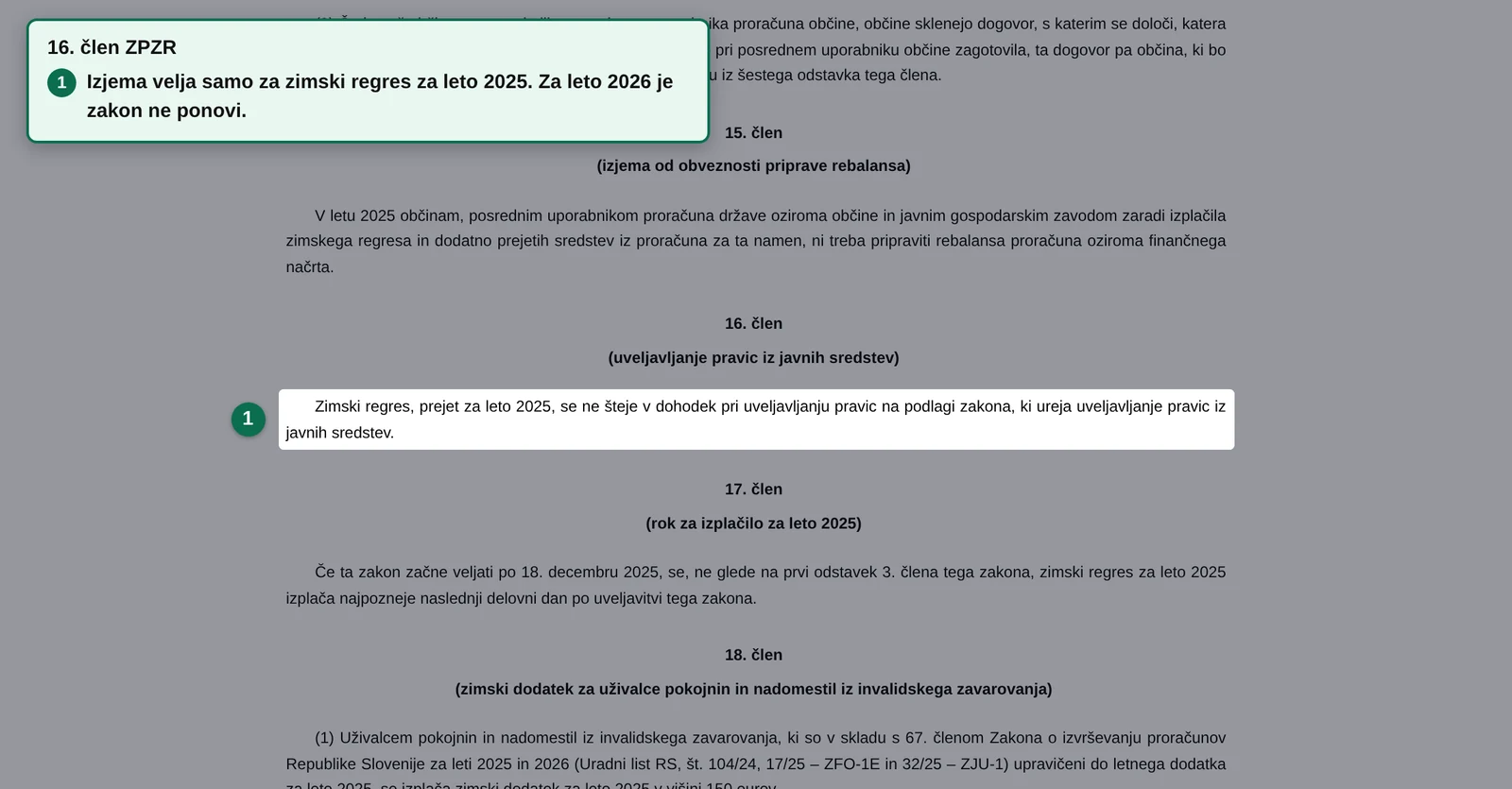 16. člen ZPZR: zimski regres, prejet za leto 2025, se ne šteje v dohodek pri pravicah iz javnih sredstev