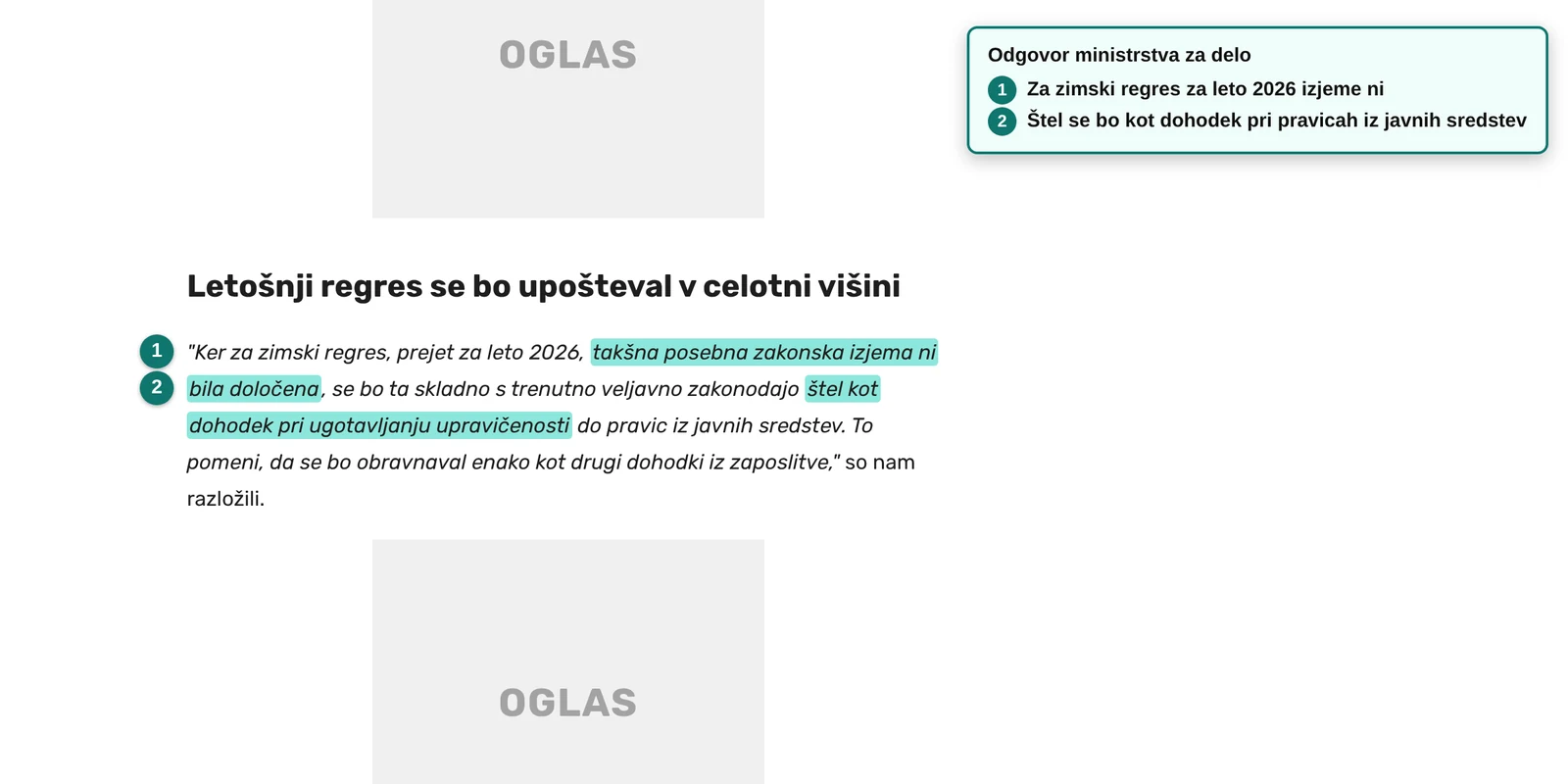 Ministrstvo za delo: zimski regres za leto 2026 se bo štel kot dohodek pri pravicah iz javnih sredstev