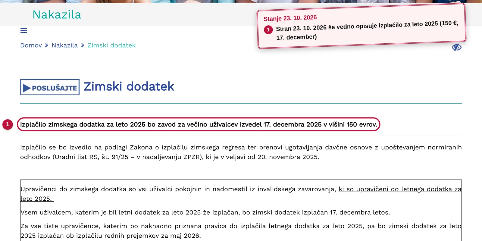 Spletna stran ZPIZ o zimskem dodatku 23. 10. 2026 še vedno opisuje izplačilo za leto 2025