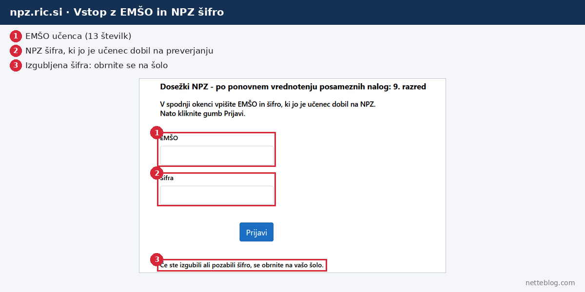 Vstop v dosežke NPZ z EMŠO in NPZ šifro na npz.ric.si