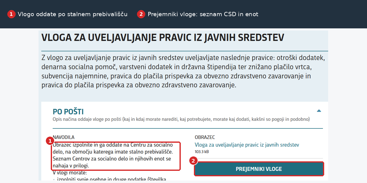 Vloga za uveljavljanje pravic iz javnih sredstev na eUpravi oddate na CSD po stalnem prebivališču