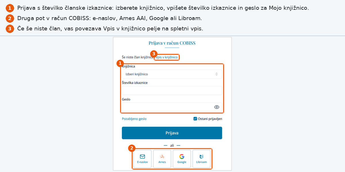 Prijava v COBISS Plus s številko članske izkaznice ali prek računa COBISS
