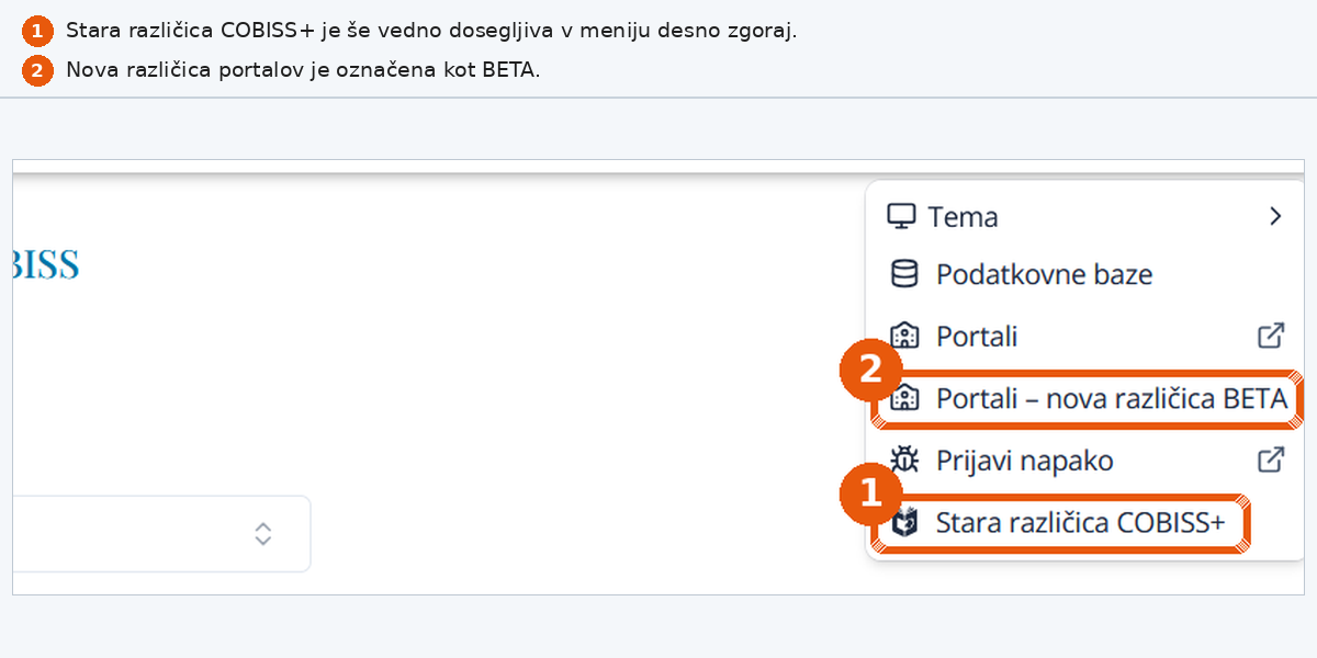 Stara različica COBISS+ je še vedno dosegljiva v meniju