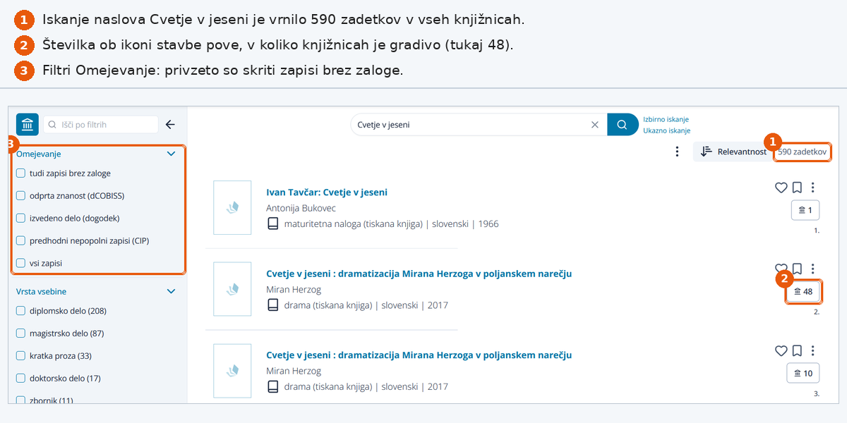Rezultati iskanja v COBISS Plus s številom knjižnic ob vsakem zapisu