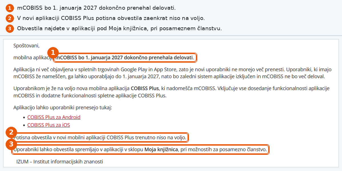 Obvestilo IZUM: mCOBISS preneha delovati 1. januarja 2027