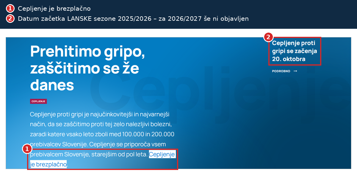 Stran NIJZ Prehitimo gripo: cepljenje je brezplačno, datum 20. oktober velja za lansko sezono 2025/2026