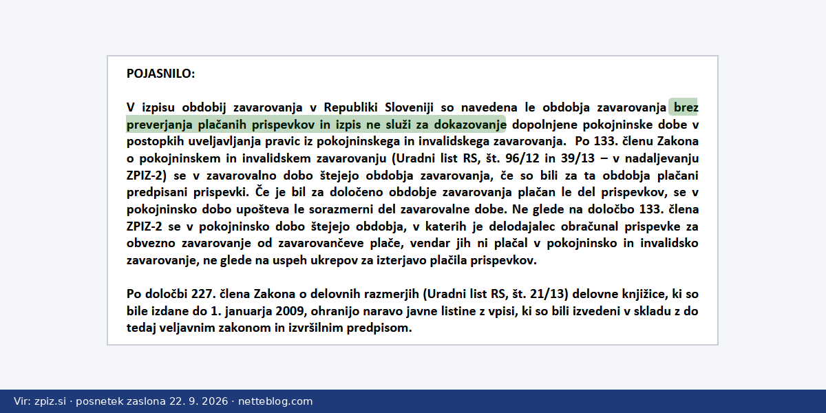 Pojasnilo ZPIZ, da izpis delovne dobe ne dokazuje plačanih prispevkov