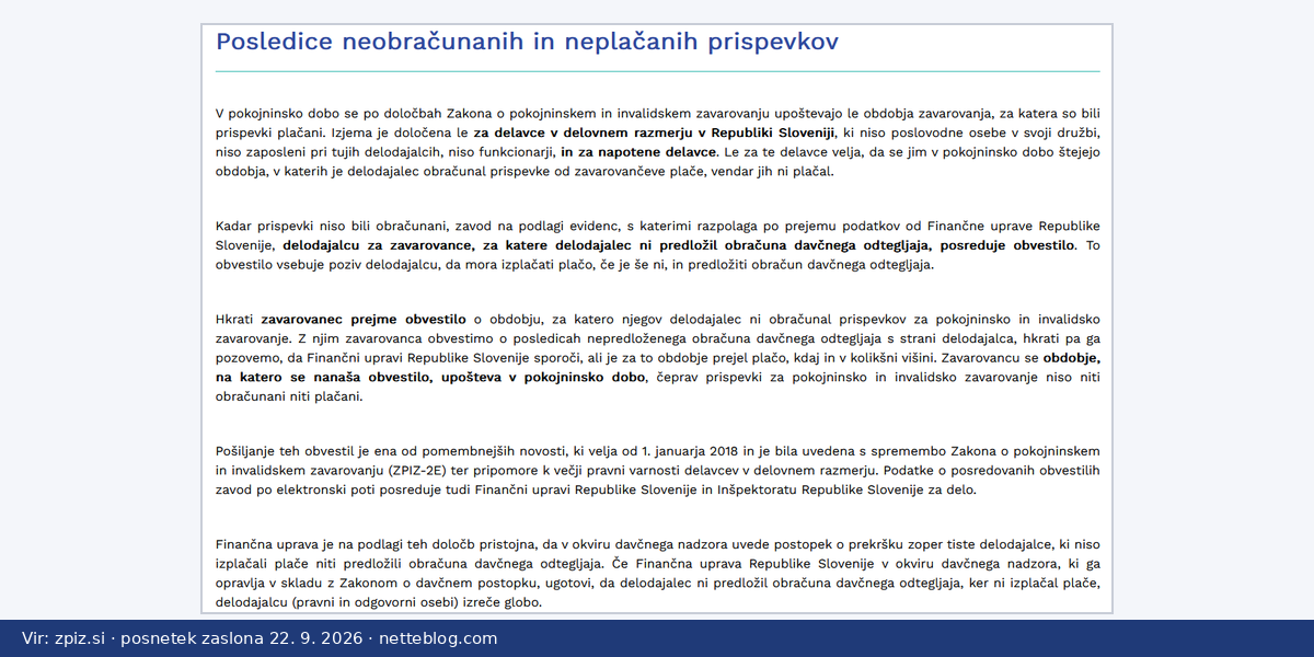 ZPIZ o posledicah neobračunanih in neplačanih prispevkov za pokojninsko dobo