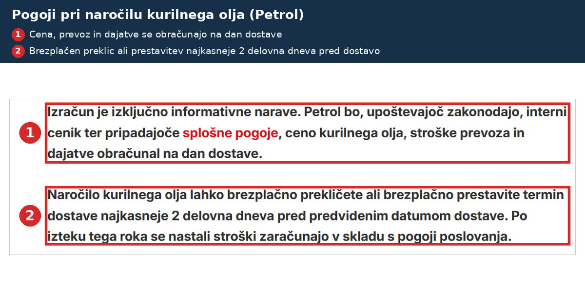 Pogoji naročila kurilnega olja: cena se obračuna na dan dostave, preklic najkasneje 2 delovna dneva prej