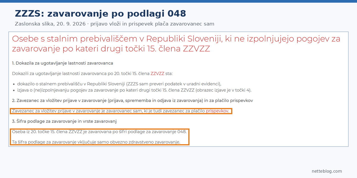 Stran ZZZS za podlago 048: obvezno zdravstveno zavarovanje si oseba uredi in plača sama