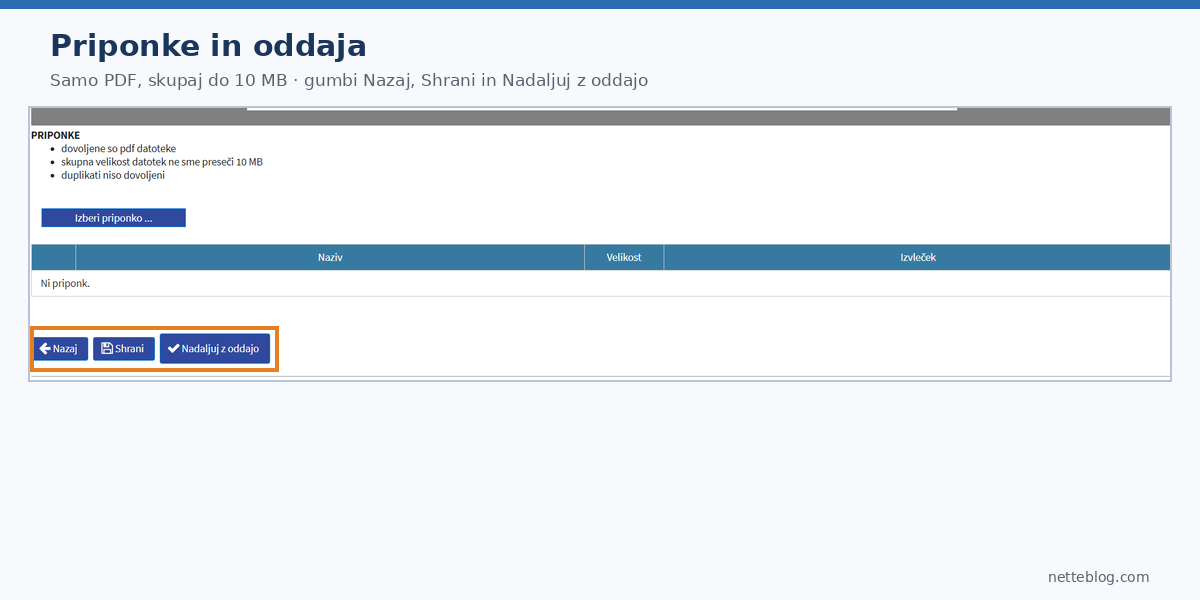 Oddaja ZPIZ obrazca: priponke v PDF do 10 MB in gumb Nadaljuj z oddajo