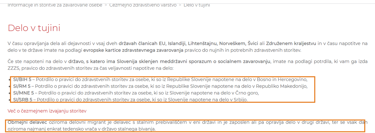 Stran ZZZS o delu v tujini s potrdili SI/BIH 5, SI/RM 5, SI/MNE 5 in SI/SRB 5