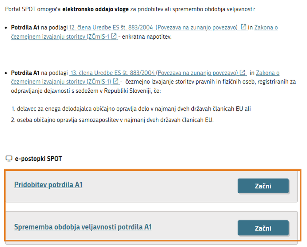 E-postopka za potrdilo A1 na portalu SPOT