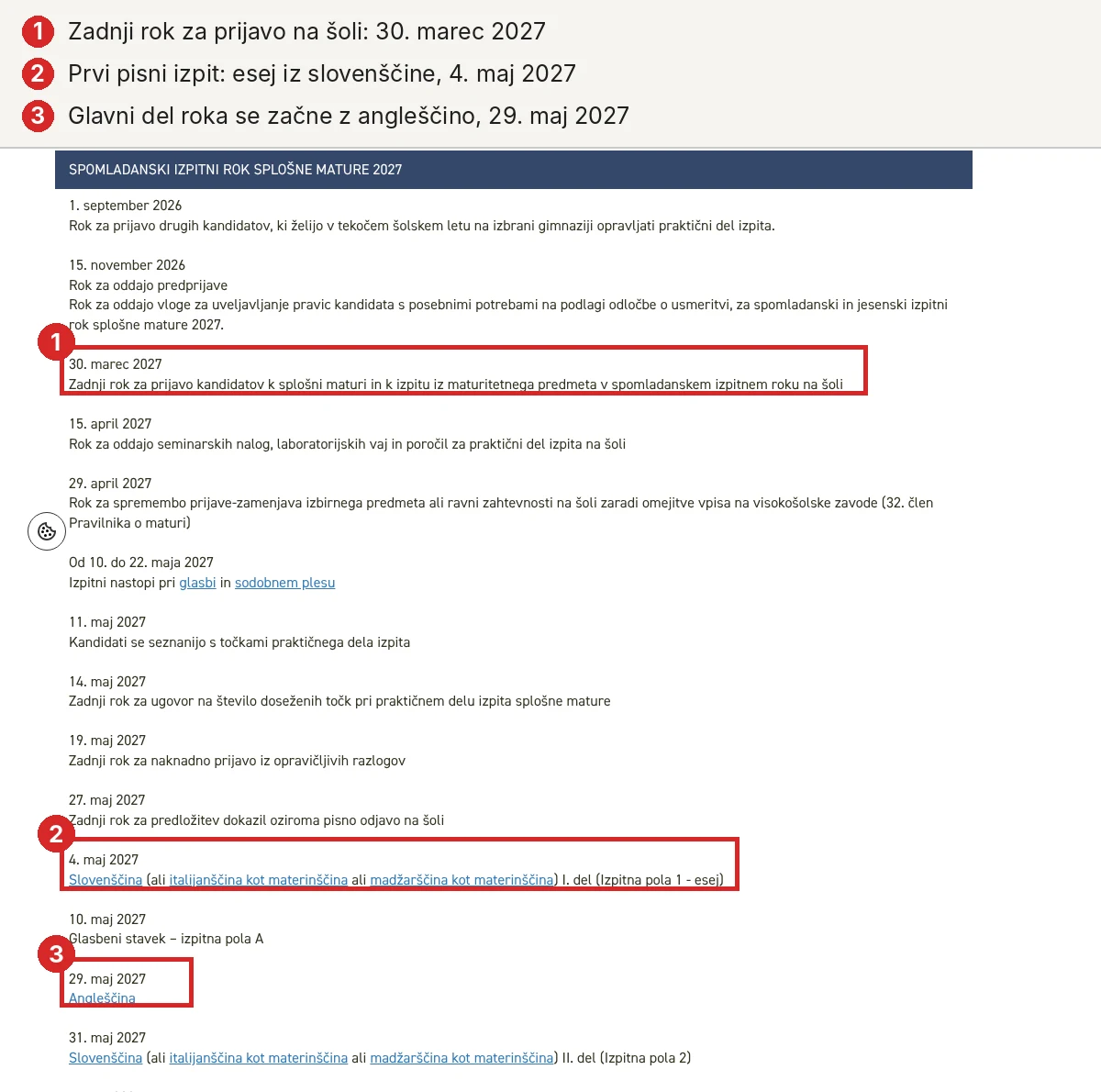 Zadnji rok za prijavo na šoli: 30. marec 2027. Prvi pisni izpit: esej iz slovenščine, 4. maj 2027. Glavni del roka se začne z angleščino, 29. maj 2027.