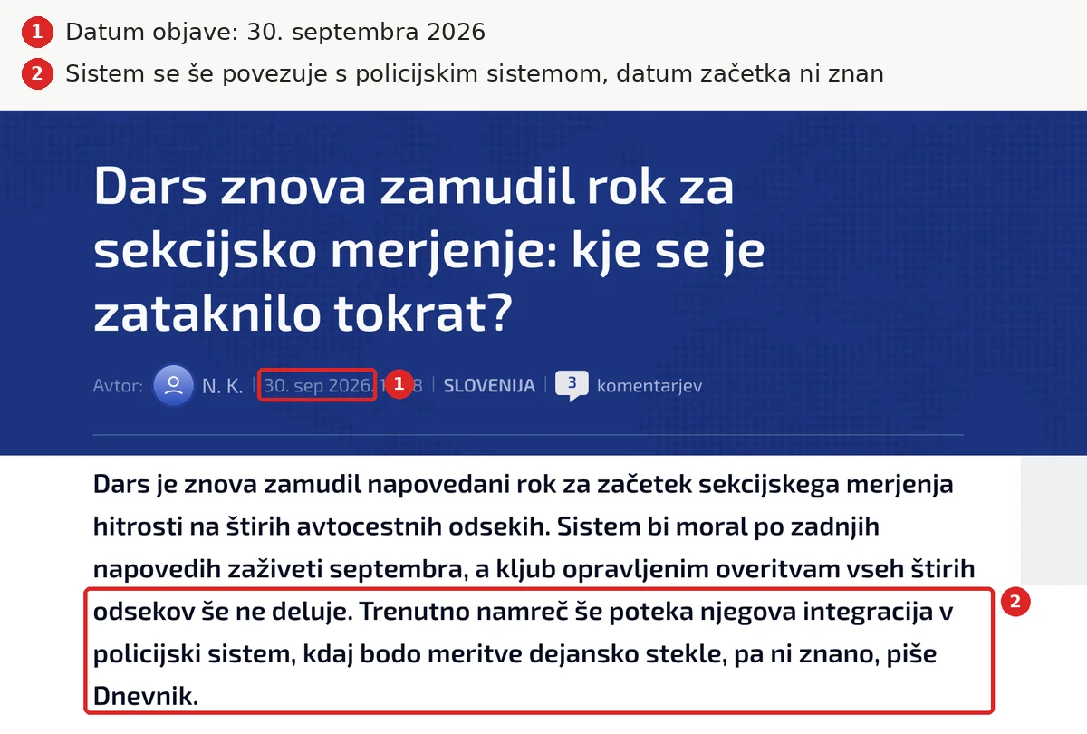 Sekcijsko merjenje hitrosti še ne deluje: integracija s policijskim sistemom še poteka (N1, 30. 9. 2026)