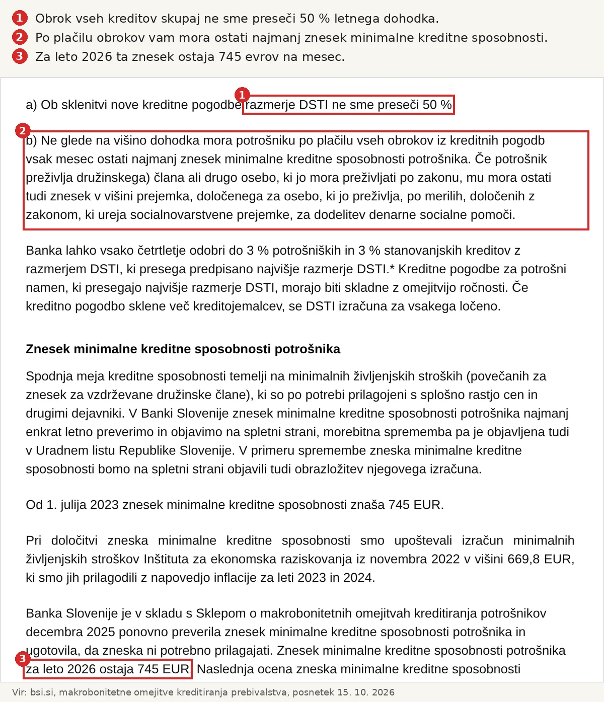 Pravila Banke Slovenije za stanovanjski kredit: meja 50 odstotkov dohodka in 745 evrov, ki morajo ostati