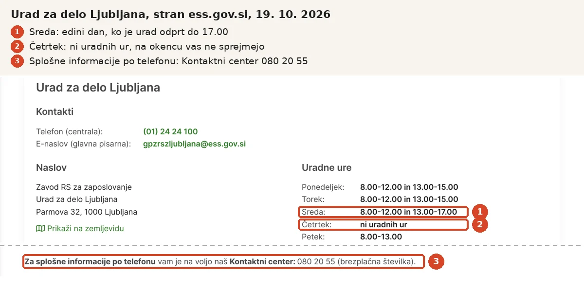 Uradne ure Urada za delo Ljubljana na ess.gov.si z označenim četrtkom brez uradnih ur