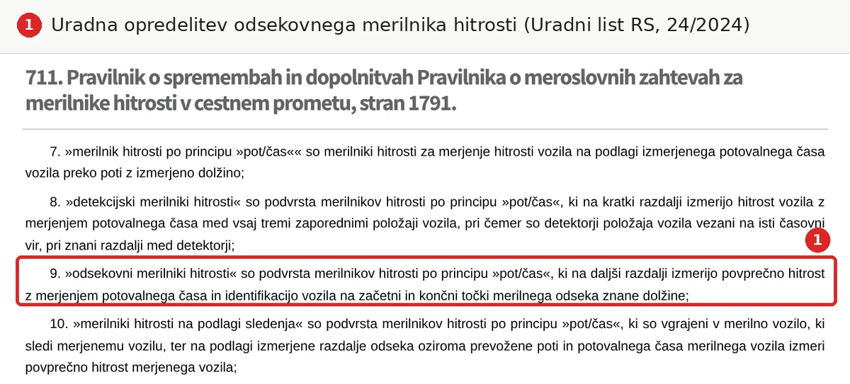 Uradna opredelitev odsekovnega merilnika hitrosti v pravilniku (Uradni list RS, 24/2024)