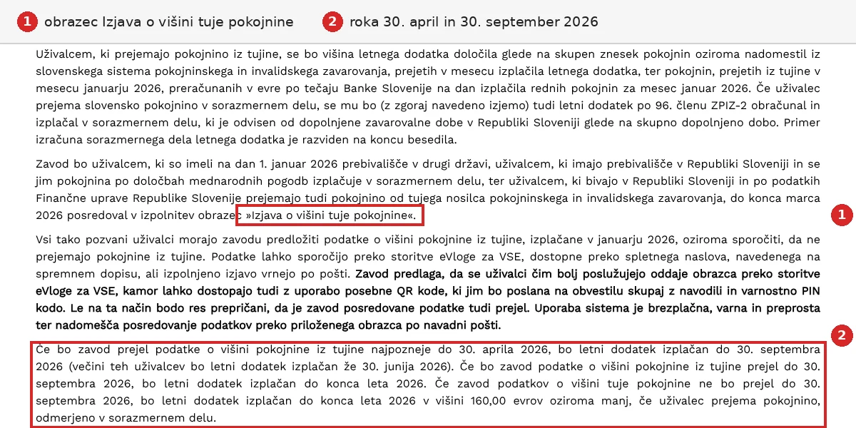 ZPIZ: izjava o višini tuje pokojnine in roki za izplačilo letnega dodatka