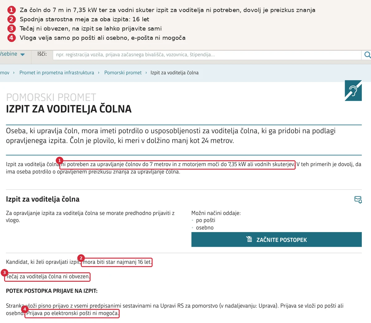 Pogoji za izpit za voditelja čolna na eUpravi z označeno mejo 7 m in 7,35 kW