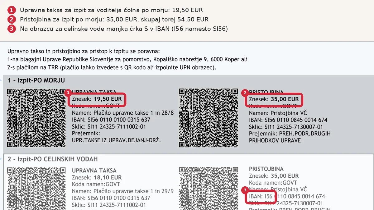 Obrazec za prijavo na izpit za čoln z zneski takse in pristojbine ter napako v IBAN