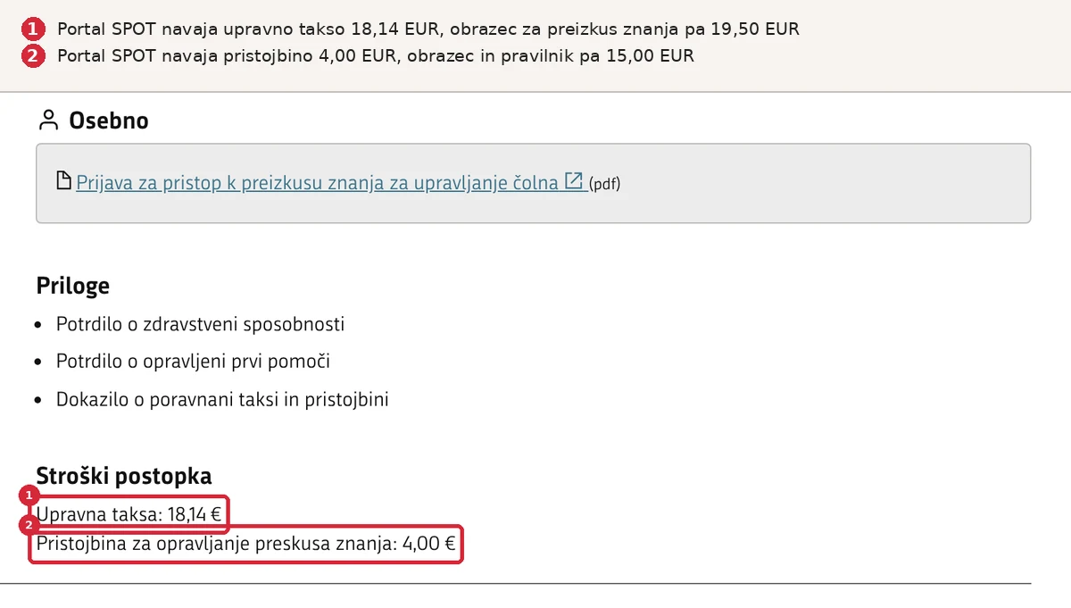 Portal SPOT z zastarelima zneskoma takse in pristojbine za preizkus znanja