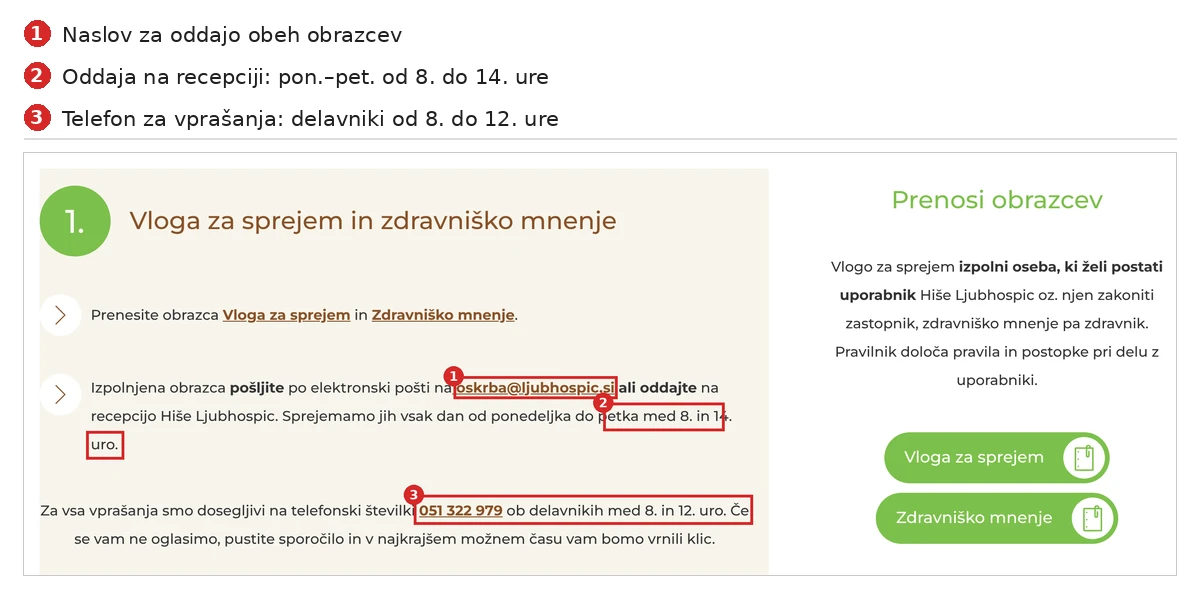 Oddaja vloge za sprejem v Hišo Ljubhospic: e-naslov in uradne ure